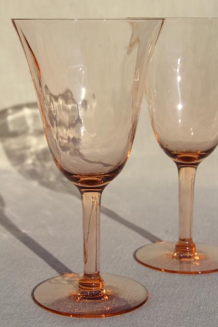 photo of vintage blush pink depression glass water glasses or wine goblets, panel optic pattern #3