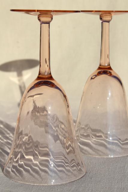 photo of vintage blush pink depression glass water glasses or wine goblets, panel optic pattern #4