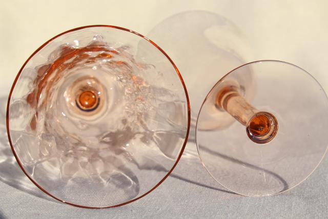 photo of vintage blush pink depression glass water glasses or wine goblets, panel optic pattern #6