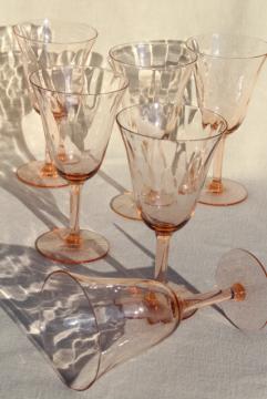 catalog photo of vintage blush pink depression glass water glasses or wine goblets, panel optic pattern