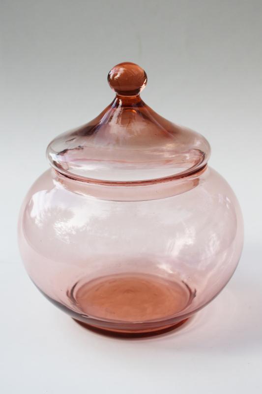 photo of vintage blush pink glass apothecary jar or candy dish, mod genie bottle shape #1