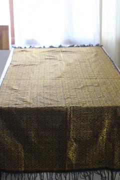 catalog photo of vintage bohemian black & gold table runner w/ long fringe, woven rayon / cotton fabric