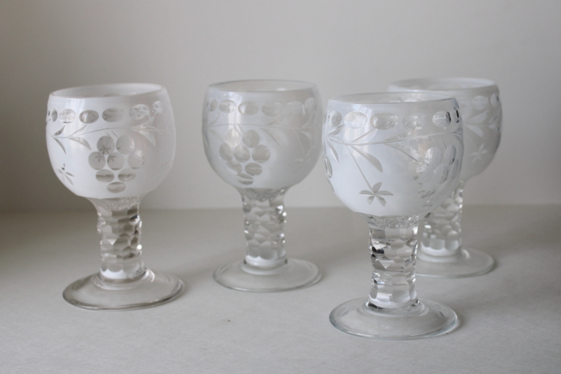 photo of vintage bohemian crystal goblets wine or water glasses, rare white opalescent cut to clear glass  #1