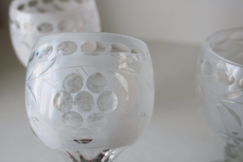 photo of vintage bohemian crystal goblets wine or water glasses, rare white opalescent cut to clear glass  #2