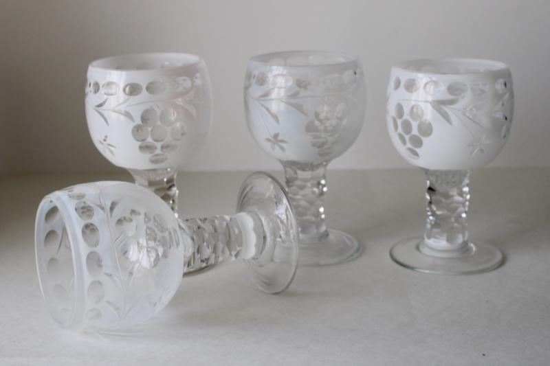 photo of vintage bohemian crystal goblets wine or water glasses, rare white opalescent cut to clear glass  #3