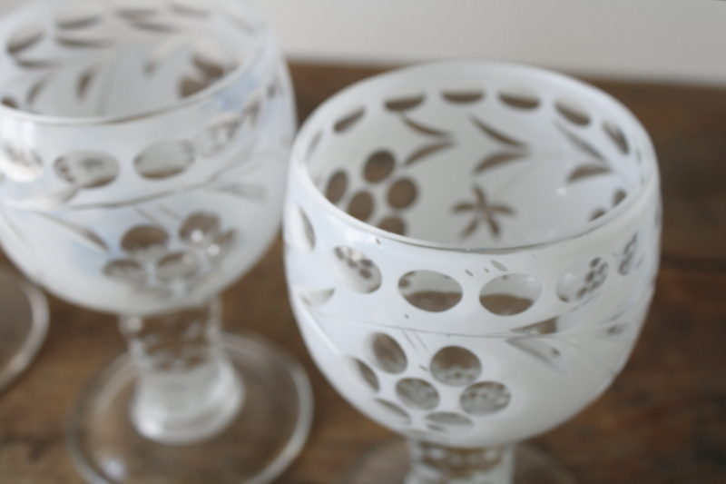 photo of vintage bohemian crystal goblets wine or water glasses, rare white opalescent cut to clear glass  #6
