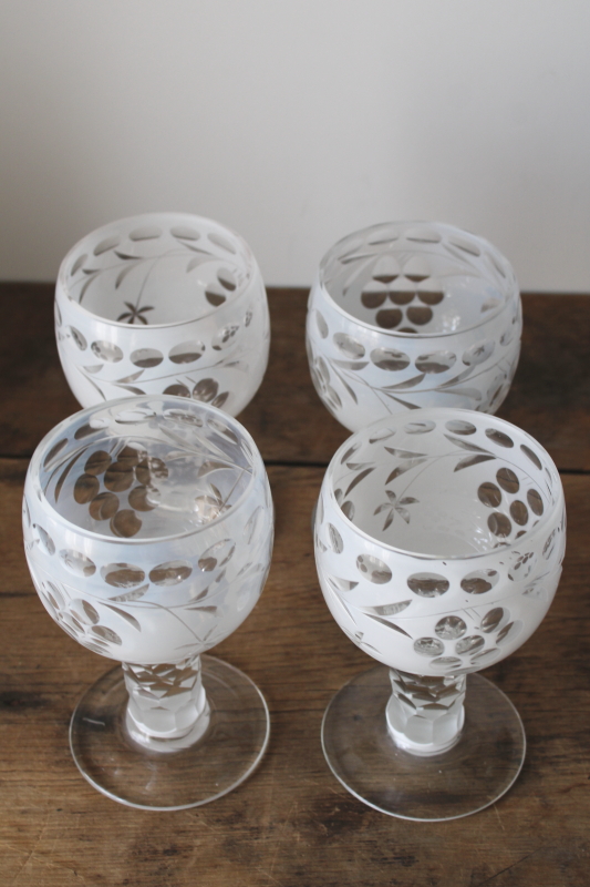 photo of vintage bohemian crystal goblets wine or water glasses, rare white opalescent cut to clear glass  #7