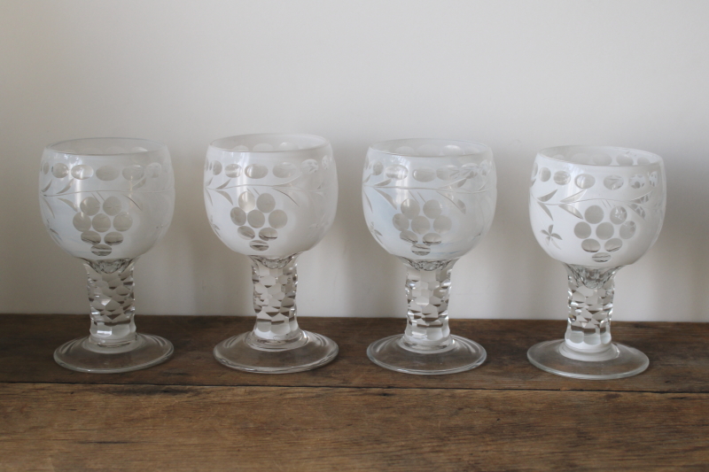 photo of vintage bohemian crystal goblets wine or water glasses, rare white opalescent cut to clear glass  #8