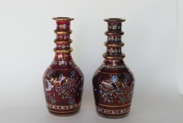 vintage bohemian glass decanters, amethyst cranberry stain glass w/ hand painted enamel