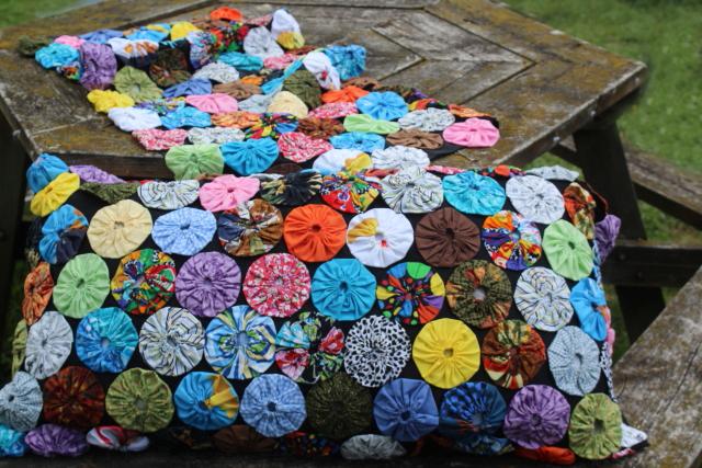 photo of vintage bohemian patchwork pillow covers, pair shams w/ giant yo-yos puffs prints on black #1