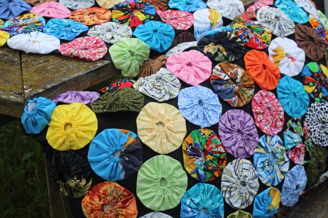 photo of vintage bohemian patchwork pillow covers, pair shams w/ giant yo-yos puffs prints on black #6