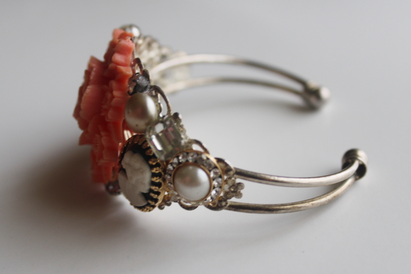 photo of vintage boho cuff bracelet, assemblage style coral rose, pearls rhinestones cameo silver tone  #2