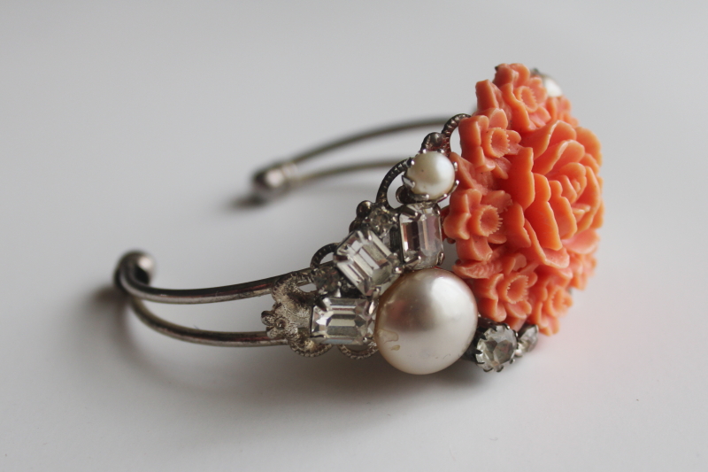 photo of vintage boho cuff bracelet, assemblage style coral rose, pearls rhinestones cameo silver tone  #3