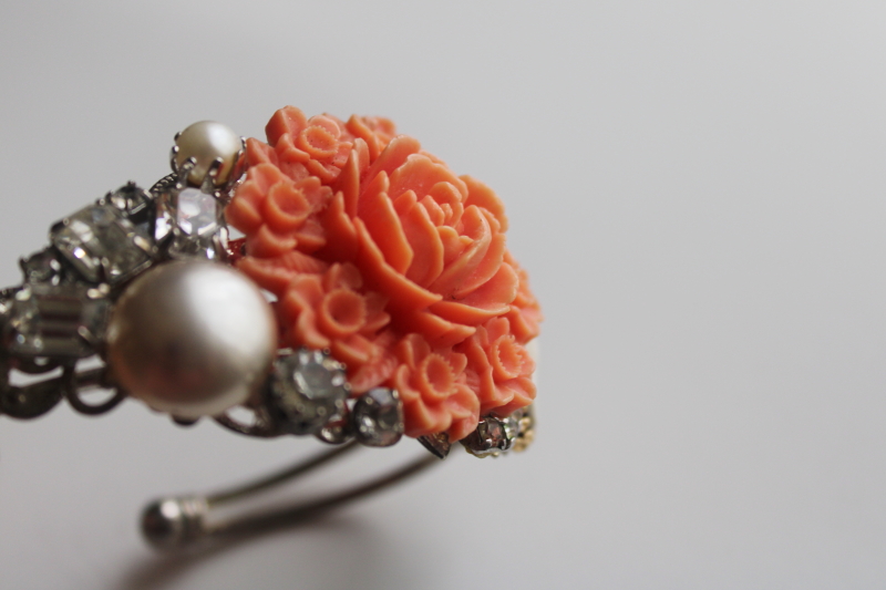 photo of vintage boho cuff bracelet, assemblage style coral rose, pearls rhinestones cameo silver tone  #4