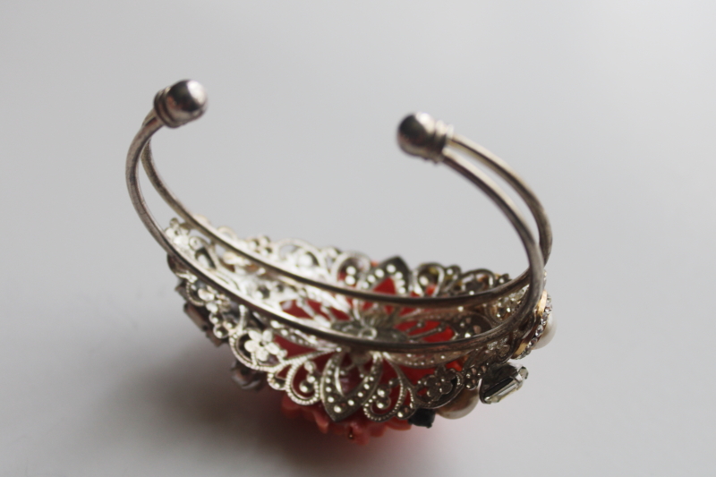 photo of vintage boho cuff bracelet, assemblage style coral rose, pearls rhinestones cameo silver tone  #5