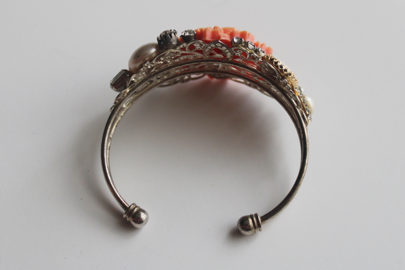 photo of vintage boho cuff bracelet, assemblage style coral rose, pearls rhinestones cameo silver tone  #6