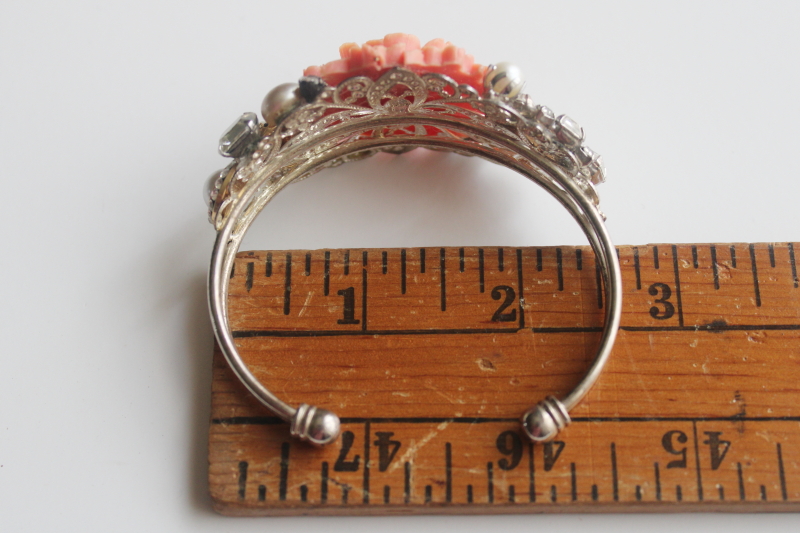 photo of vintage boho cuff bracelet, assemblage style coral rose, pearls rhinestones cameo silver tone  #7