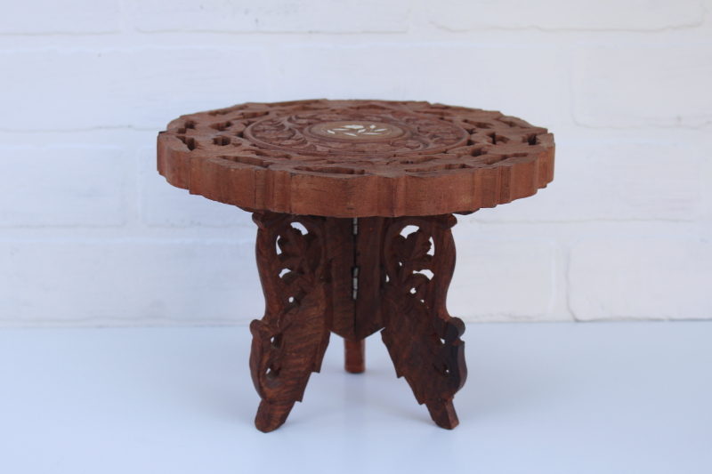 photo of vintage boho decor, carved wood mini table plant stand made in India, trivet top w/ folding base #1