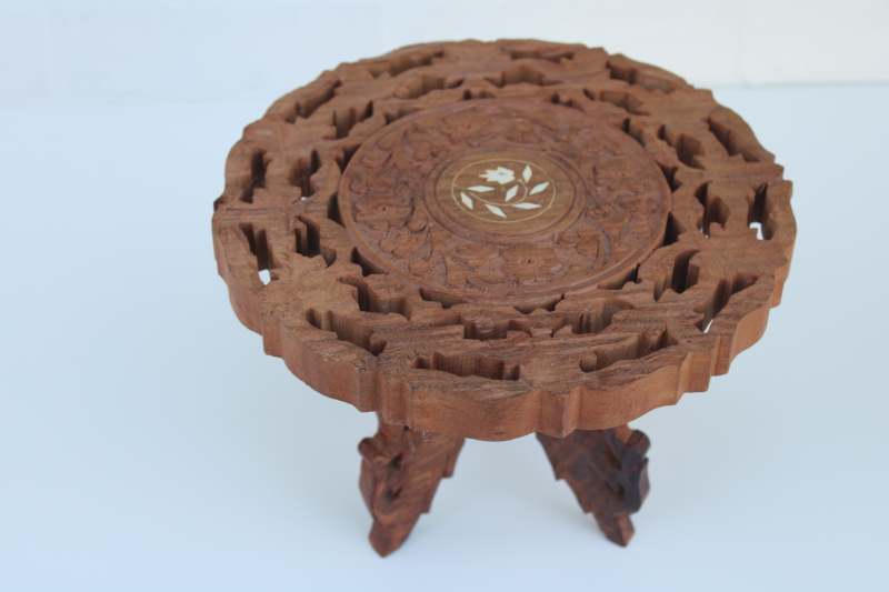 photo of vintage boho decor, carved wood mini table plant stand made in India, trivet top w/ folding base #2