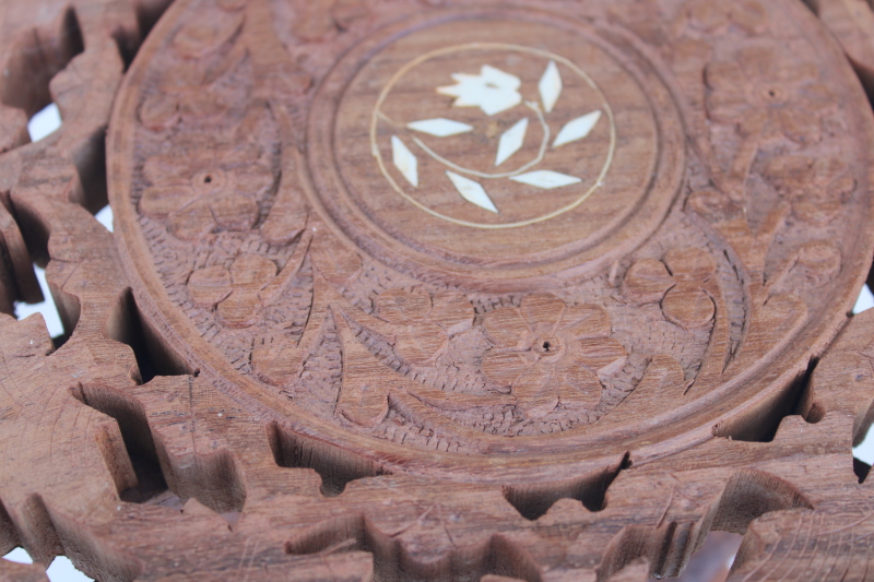 photo of vintage boho decor, carved wood mini table plant stand made in India, trivet top w/ folding base #3