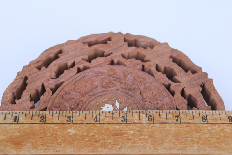 photo of vintage boho decor, carved wood mini table plant stand made in India, trivet top w/ folding base #6