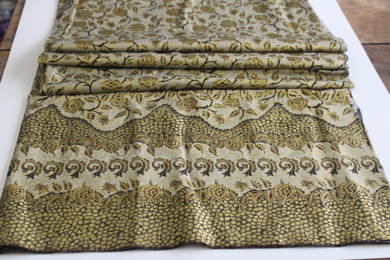 photo of vintage boho paisley border print cotton fabric, metallic gold w/ silver grey on black  #1