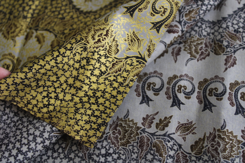 photo of vintage boho paisley border print cotton fabric, metallic gold w/ silver grey on black  #2