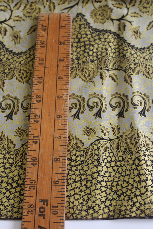 photo of vintage boho paisley border print cotton fabric, metallic gold w/ silver grey on black  #3