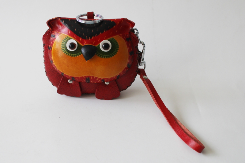 photo of vintage boho style colored leather owl coin purse wristlet key chain change pouch  #1