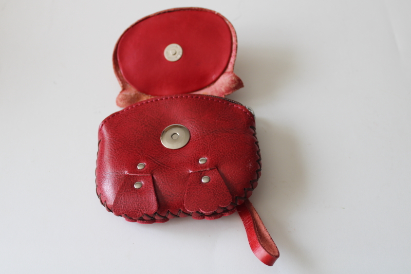 photo of vintage boho style colored leather owl coin purse wristlet key chain change pouch  #4