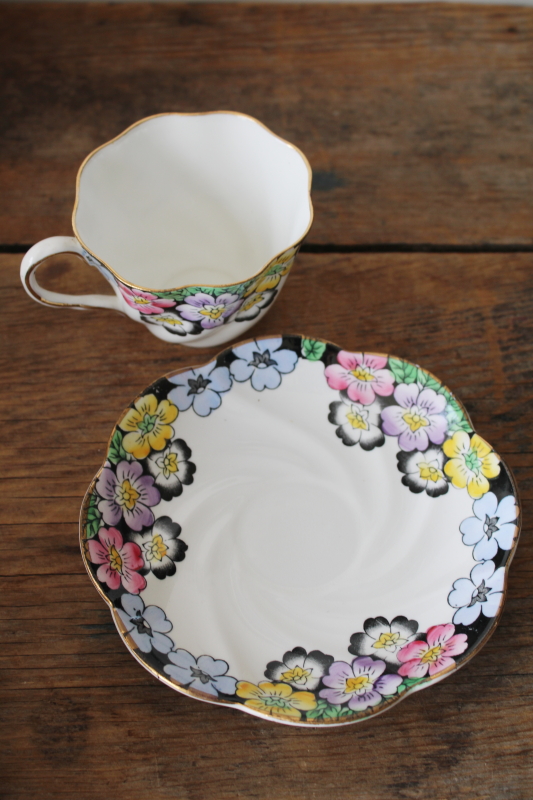 photo of vintage bone china tea cup & saucer Rita art deco floral primroses on black border  #3