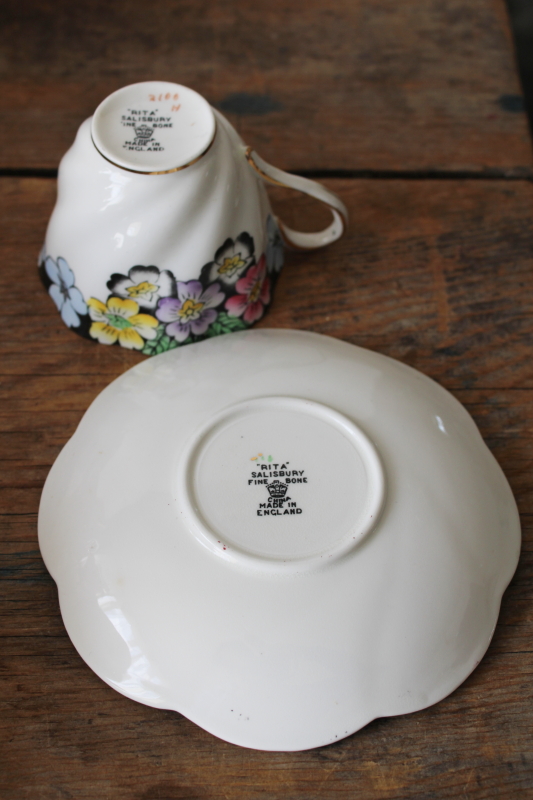 photo of vintage bone china tea cup & saucer Rita art deco floral primroses on black border  #4