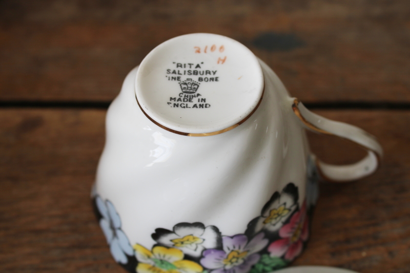 photo of vintage bone china tea cup & saucer Rita art deco floral primroses on black border  #5