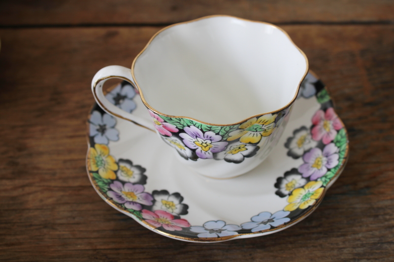 photo of vintage bone china tea cup & saucer Rita art deco floral primroses on black border  #6