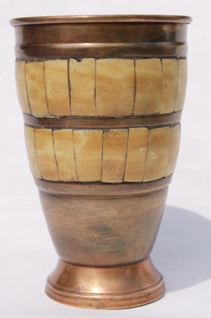 photo of vintage bone inlay brass vase, artisan handcrafted decorative urn rustic tribal style #1