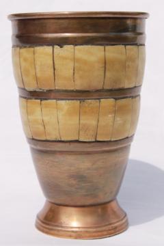 catalog photo of vintage bone inlay brass vase, artisan handcrafted decorative urn rustic tribal style