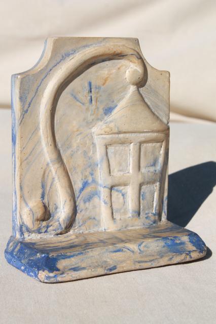 photo of vintage book end, faux marble w/ lantern, marbled blue veined plaster chalkware #1