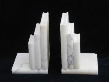 catalog photo of vintage book ends, pair of white alabaster or Italian marble bookends