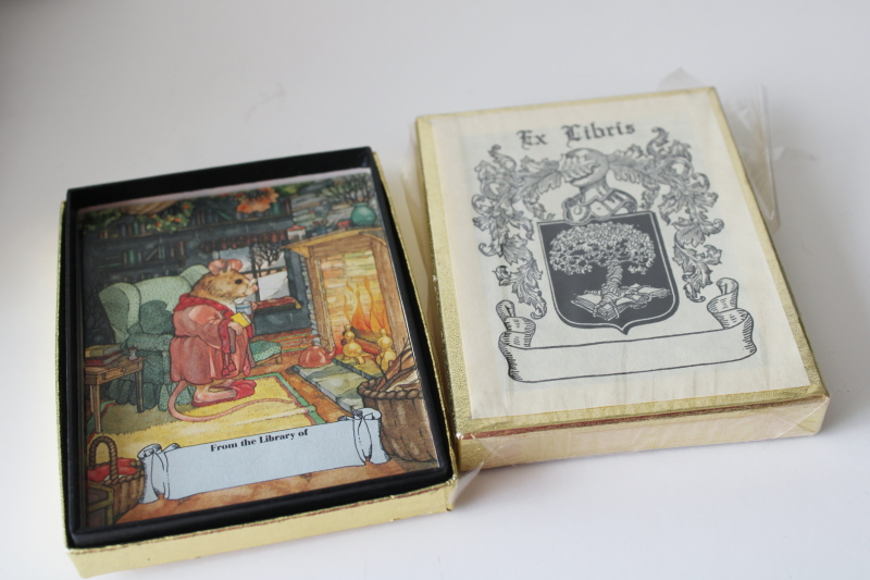 photo of vintage book plates in boxes, blank heraldic crest w/ helmet & tree, cozy cottage mouse print  #1