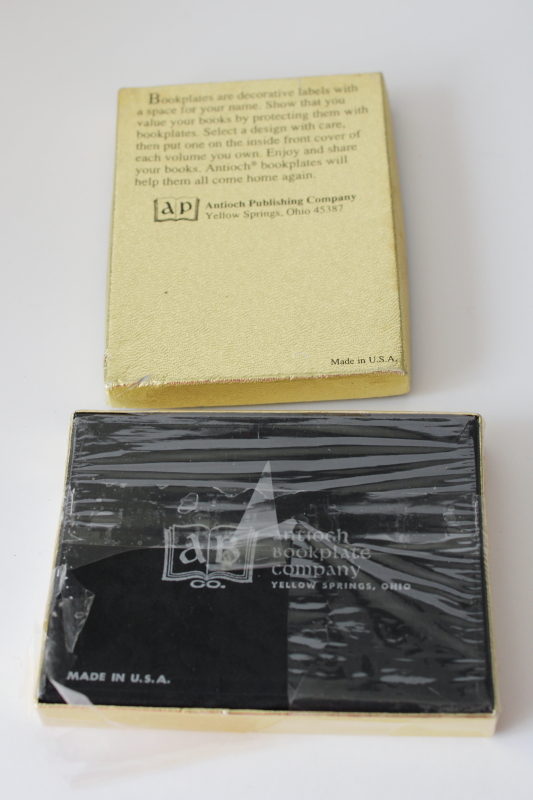 photo of vintage book plates in boxes, blank heraldic crest w/ helmet & tree, cozy cottage mouse print  #2