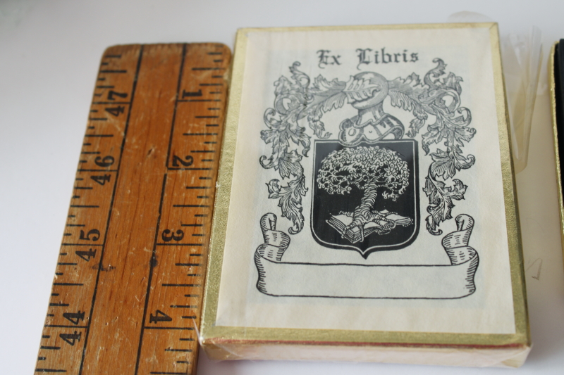 photo of vintage book plates in boxes, blank heraldic crest w/ helmet & tree, cozy cottage mouse print  #3