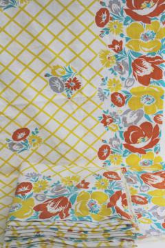 catalog photo of vintage border print cotton feedsacks, feed sack fabric yellow & orange flower lattice