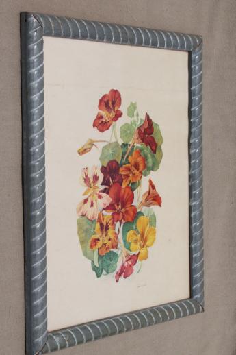 photo of vintage botanical print, nasturtiums floral print framed in old wood frame #2