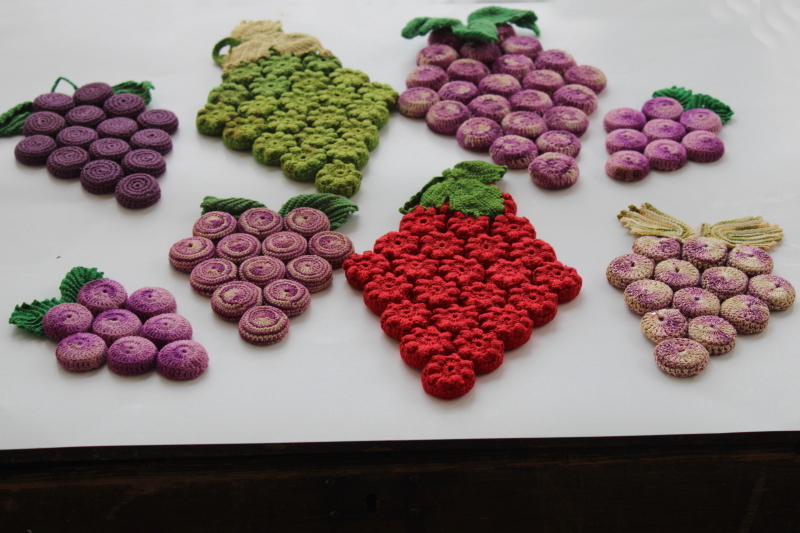 photo of vintage bottle cap crochet purple grapes red raspberries, hot mats trivets lot, retro kitchen decor #1