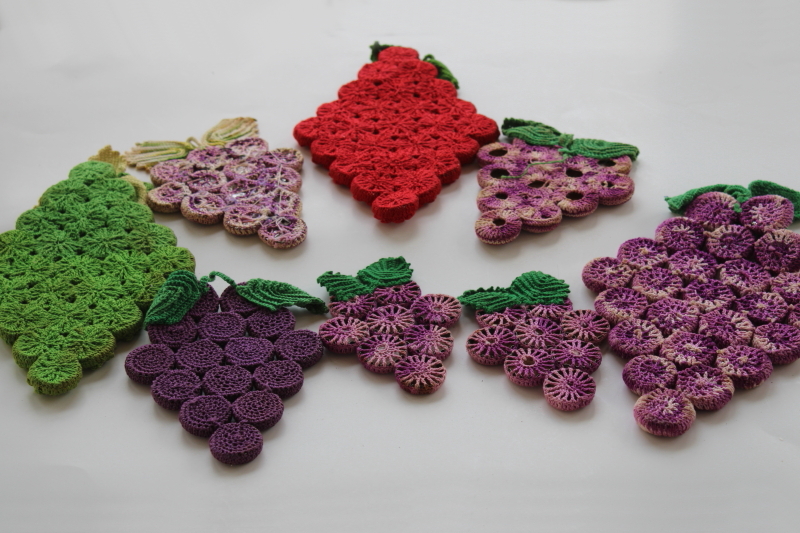 photo of vintage bottle cap crochet purple grapes red raspberries, hot mats trivets lot, retro kitchen decor #3