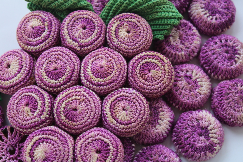 photo of vintage bottle cap crochet purple grapes red raspberries, hot mats trivets lot, retro kitchen decor #4