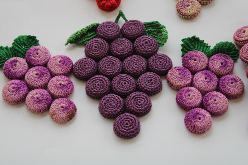 photo of vintage bottle cap crochet purple grapes red raspberries, hot mats trivets lot, retro kitchen decor #6