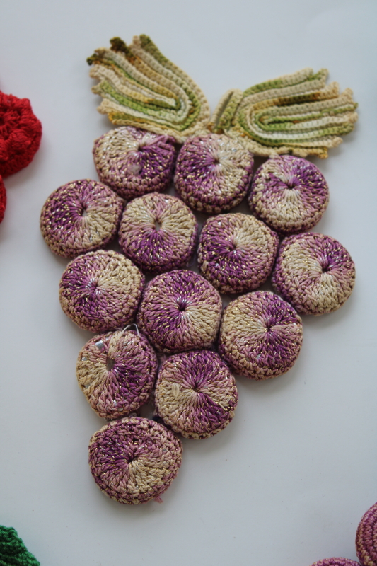 photo of vintage bottle cap crochet purple grapes red raspberries, hot mats trivets lot, retro kitchen decor #7