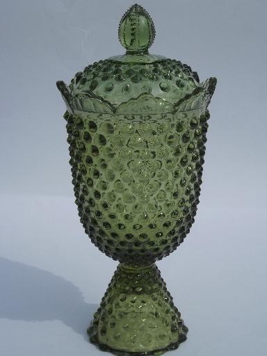 photo of vintage bottle green hobnail glass apothecary jar, covered candy canister #1