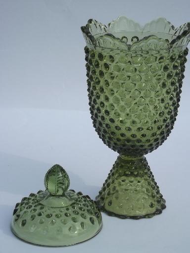 photo of vintage bottle green hobnail glass apothecary jar, covered candy canister #2